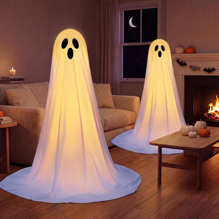 JOYIN 2 Pack 50'' Halloween Decorations Outdoor Light Up Ghost, Standing Ghost Halloween Decor with Warm String Light for Yard Porch Lawn Garden Party Supplies