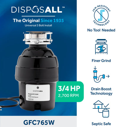 GE Disposall Continuous Feed 3/4 HP Motor Garbage Disposer, Good for Grinding: Vegetable Peels & Small Bones, Universal 3 Bolt Install & Power Cord Included, Recommended for 2-4 Person Homes, GFC765W
