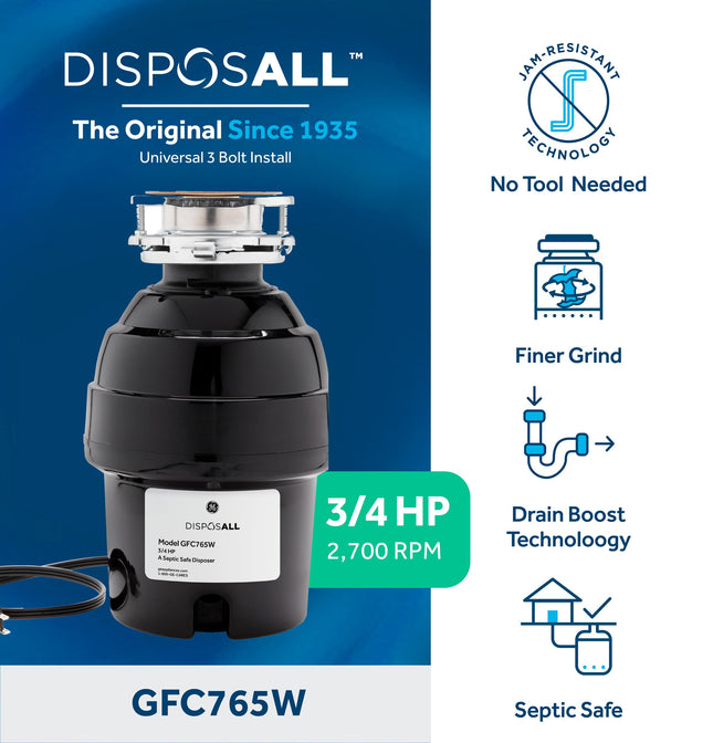 GE Disposall Continuous Feed 3/4 HP Motor Garbage Disposer, Good for Grinding: Vegetable Peels & Small Bones, Universal 3 Bolt Install & Power Cord Included, Recommended for 2-4 Person Homes, GFC765W