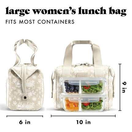 Fit & Fresh Remi Lunch Bag for Women Work – Neoprene Lunch Tote with Containers & Ice Pack, Reusable Meal Prep Lunch Box, Large Capacity, Machine Washable, Tan Toile