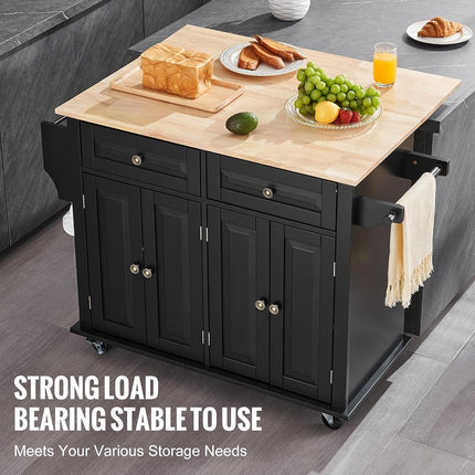 VEVOR Kitchen Island Cart, 43" Wood Top Mobile Carts with Storage Cabinet, Rolling Table with Drop Leaf, Spice Rack, Towel Bar, Adjustable Shelf, Drawer, and Hooks, Portable Islands on Wheels, Black