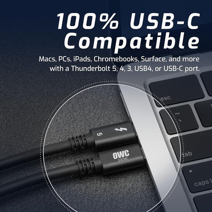 OWC [Intel Certified 80Gbps Thunderbolt 5 USB-C Cable with 8K Video and 240W Charging - 80Gb/s of Bi-Directional Data Speed, up to 120Gb/s for Higher Display Bandwidth - 3 Year Warranty (0.8M)