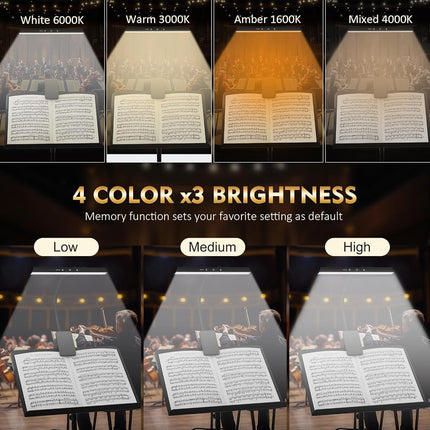 Professional Music Stand with 47 LEDs, Rechargeable Eye-Care Piano Clip On 4 Colours and 3 Brightness USB C Up to 110 Hours Running Time Portable Lamp for Musicians Large