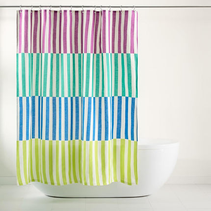 TOWN & COUNTRY PLAY Adeline Offset Stripe Cotton-Rich Breathable Fabric Shower Curtain with Anti-Rust Grommets, Purple/Green/Blue, 70"x72"