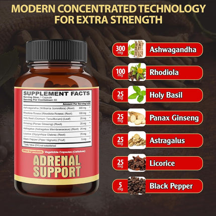 agobi 7in1 Adrenal Support Supplement - 60 Capsules - 2 Month Supply for Body Balance - With Ashwagandha, Rhodiola, Ginseng & more