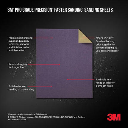3M SHTR180-PGP-6T Pro Grade Precision Faster Sanding, Sanding Sheets, 180-Grit Fine, 3-2/3" x 9", 6-Pack