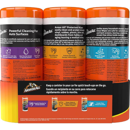 Armor All Protectant, Glass and Cleaning Wipes, Wipes for Car Interior and Car Exterior, 30 Count Each (Pack of 3)