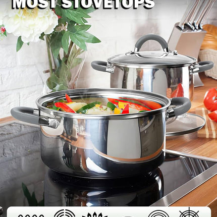 Cook N Home Cookware Basic Pots and Pans, 12 Piece Set, Stainless Steel Grey Silicone Handle