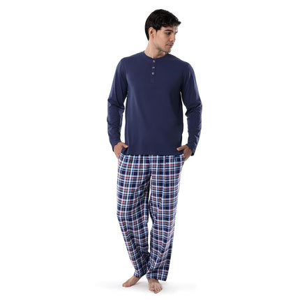 Conjunto de pijama de jersey Henley y pantalón de franela para hombre IZOD, azul marino, S