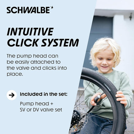 Schwalbe Clik Valve Conversion Set – Bicycle Valve Innovation for Inflating Tyres – Retrofit Kit for Presta/SV Valves with Pump Head Adapter
