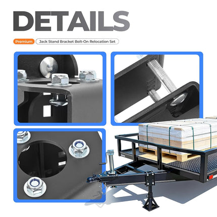 ALMULOO Soporte de Gato, Juego de Reubicación Atornillable, Compatible con Remolques de 3 Pernos y Lengüeta Estilo A-Frame, Acero Negro con Recubrimiento en Polvo, Apto para Remolques/Caravanas/Barcos