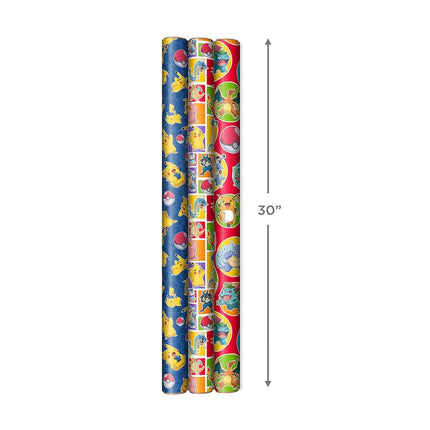 Hallmark Pokémon Wrapping Paper Rolls - Pikachu, Charmander, Bulbasaur Gift Wrap Paper (Set of 3 Rolls: 60 sq. ft. ttl.) for Birthday, Kids Parties, Gamers, Christmas Presents