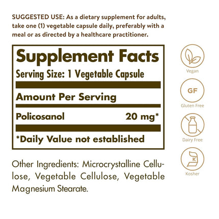 Solgar - Policosanol 20 mg Vegetable Capsules 100 Count