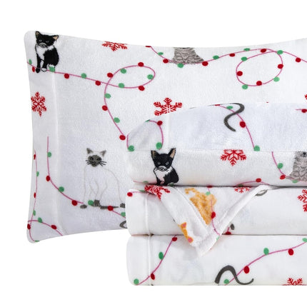 Elegant Comfort Luxuriously Soft 4-Piece Holiday Velvet Plush Flannel Sheet Set - Premium Quality - Cozy Warm, Christmas Fuzzy Velvet Flannel Fleece Deep Pocket Sheet Set - Twin XL, Jingle Cats
