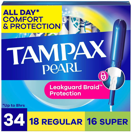 Tampax Tampons with Plastic Applicator, Regular/Super Absorbency Duo Pack, Unscented, 34 Count