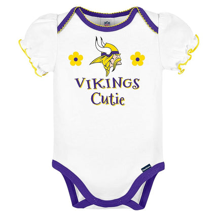 NFL Minnesota Vikings 3 Pack Ruffle Sleeve Team Bodysuit, Purple/White/Pink Minnesota Vikings, 6-12 Months