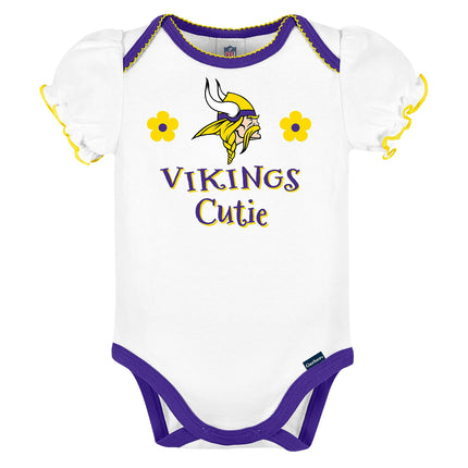 NFL Minnesota Vikings Paquete de 3 Bodys de Manga con Volantes del Equipo, Morado/Blanco/Rosa Minnesota Vikings, 6-12 Meses
