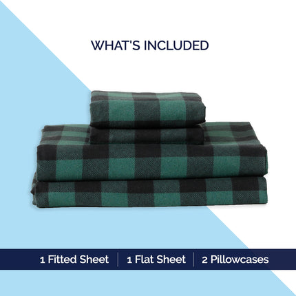 Elegant Comfort Ultra Soft 4-Piece 100% Turkish Cotton Flannel Sheet Set - Buffalo Check Plaid Flannel Sheets, Warm and Cozy Anti-Pill Premium Quality, Deep Pocket Fitted Sheet- Twin, Green