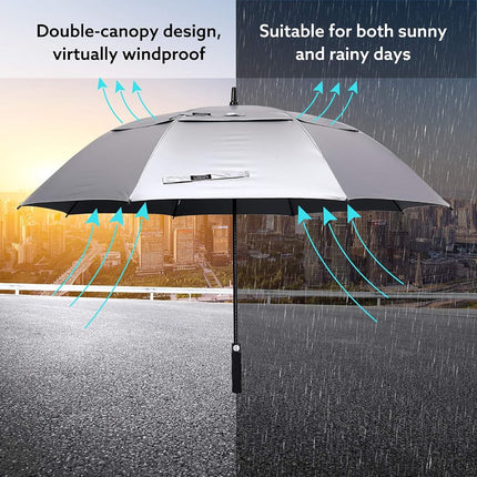 G4Free 68 Inch UV Protection Golf Umbrella Auto Open Vented Double Canopy Oversize Extra Large Windproof Sun Rain Umbrellas (Silver/Black)