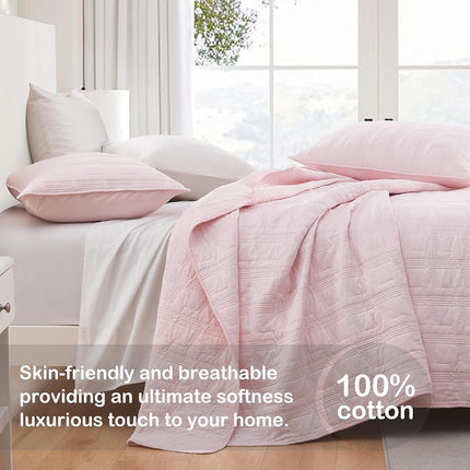 HORIMOTE HOME 100% Cotton Quilt Set Queen Size, Light Pink Pre-Washed 3-Piece Bedspread Coverlet Set, Cozy Lightweight Stitching Bedding Cover with 2 Shams in Geometric Pattern for All Season