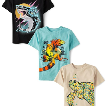 The Children's Place Boys' Gamer Short Sleeve Graphic T-Shirts,multipacks, Shark/Iguana/Turtle, X-Large
