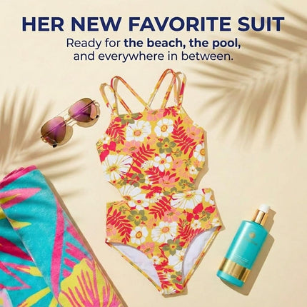 Kanu Surf Girls' Beach Sport Cut-Out One Piece Swimsuit, Spring Bouquet Yellow, 12
