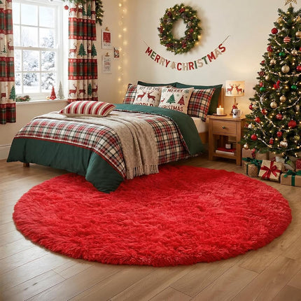 Amdrebio Red Round Rug - Fluffy Circle Carpet, 5'X5', Plush for Bedroom, Kids, Teen Girls, Nursery, Dorm, Baby Room Decor