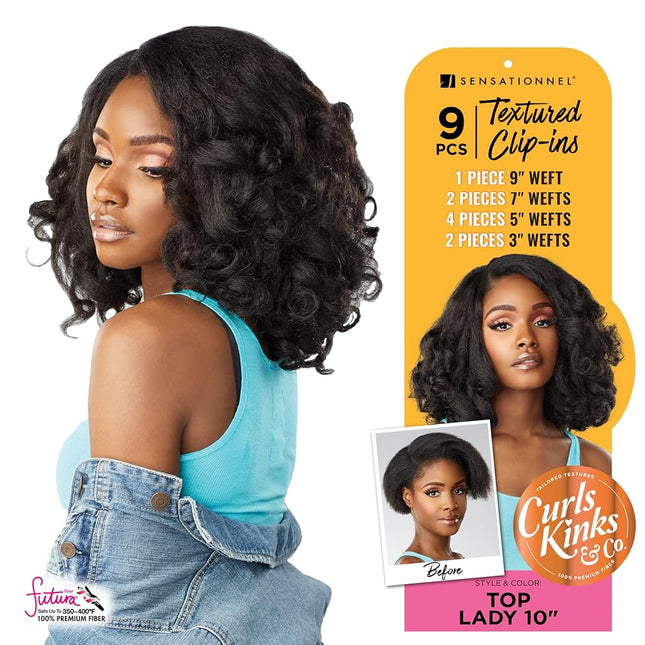 Sensationnel Curls Kinks and co Clip in - top lady 10-inch textured clip in 9 piece pack adds volume protective style - Curls Kinks and Co Top Lady 10 Inch (1B OFFBLACK)