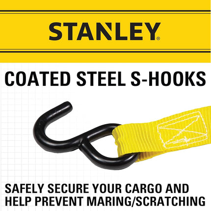 Stanley S10002 Black/Yellow 1" x 10' Ratchet Tie Down Straps - Light Cargo Hauling (1,500 lbs Break Strength), 2 Pack
