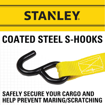 Stanley S10002 Black/Yellow 1" x 10' Ratchet Tie Down Straps - Light Cargo Hauling (1,500 lbs Break Strength), 2 Pack