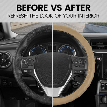 BDK Genuine Leather Car Steering Wheel Cover Small Size 13.5 to 14 Inch Beige -, Easy Installation