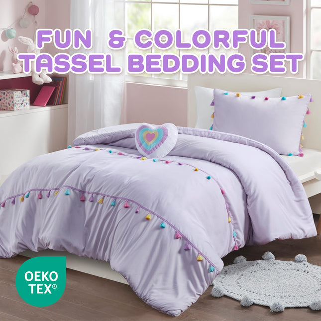 Intelligent Design Kids Queen Comforter Set, Fun Multi-Colors Tassel for Queen Size Bed, All Season Children Bedding Girls Bed Set 4 Piece, Matching Sham & D�cor Pillow, Tessa, Full/Queen, Lavender