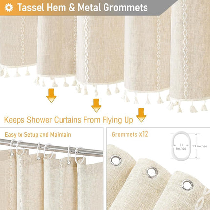 BTTN 72 x 80 Boho Linen Heavy Duty Cloth Shower Curtain Set, Cream/Beige
