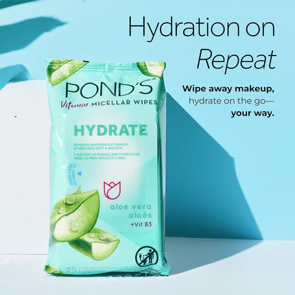 Pond's Vitamin Micelar Wet Wipes for Dry Skin Moisturising Aloe Vera Removes Makeup Waterproof 25 Wipes