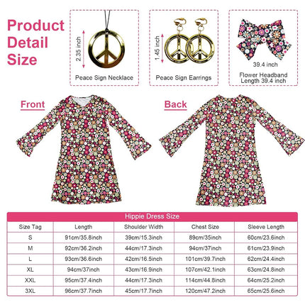 MRYUWB 70s Hippie Dress Costumes Necklace Earrings Sunglass Women Disco Outfit, 60s Party Costume, Halloween Retro Dresses (Vibrant Flowers, S), (F0154)