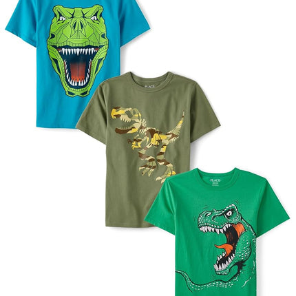 The Children's Place Boys' Short Sleeve Graphic T-Shirt 2-Pack, Camo Dino/Robo Dino Head/Dino 3-Pack, Large