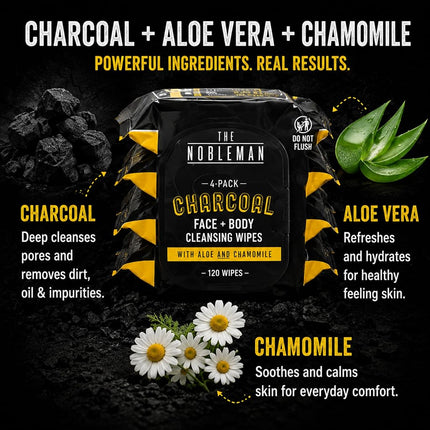 4 lingettes nettoyantes au charbon pour le visage et le corps, 120 unités