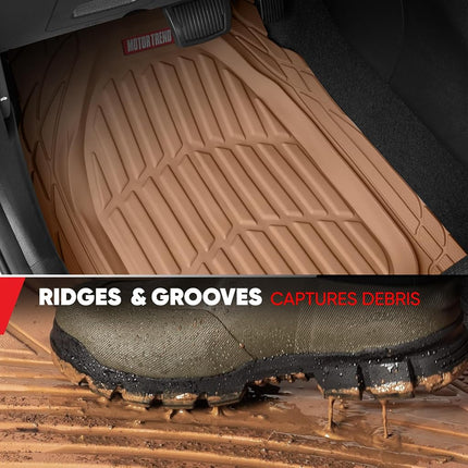 Motor Trend FlexTough Contour Liners Deep Dish 3 pc Rubber Floor Mats & Trimmable Trunk Liner Cargo Mat - Heavy Duty All Weather Protection Car Mats with Traction Grips Car Accessories (Beige)