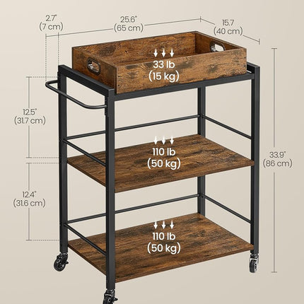 VASAGLE Industrial Bar Cart for The Home, Serving Cart with Wheels and Handle, 3-Tier Beverage Cart with Removable Tray and Storage Shelves for Living Room Kitchen, Rustic Brown and Black ULRC72X