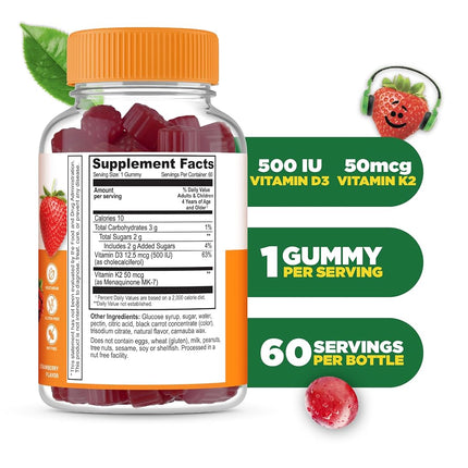 Lifeable Vitamin D3 1000 IU + K2 100mcg - for Kids - Great Tasting Natural Flavor Gummy Supplement Vitamins - Gluten Free Vegetarian and Non-GMO Chewable - for Strong and Healthy Bones - 60 Gummies