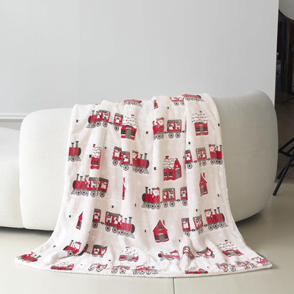 Elegant Comfort Reversible and Ultra-Plush Flannel Fleece-Winter Christmas Sherpa Throw- Lightweight Soft and Cozy-Holiday Decorative Throw, Perfect for Lounging, 50 x 60 inches, Santa Train