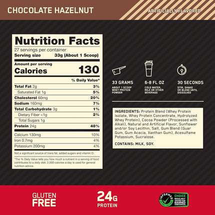 OPTIMUM NUTRITION Gold Standard 100% Whey Protein Powder, Chocolate Hazelnut, 907g - [packaging may vary]