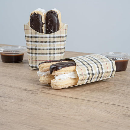 Bio Tek 3.9 x 2.6 x 3.5 Inch French Fry Cup, 100 Disposable Snack Cups - Stackable, Sustainable, Plaid Paper 2 Ounce Fry Holder, for Fries, Onion Rings, Popcorn, or Cookies - Restaurantware