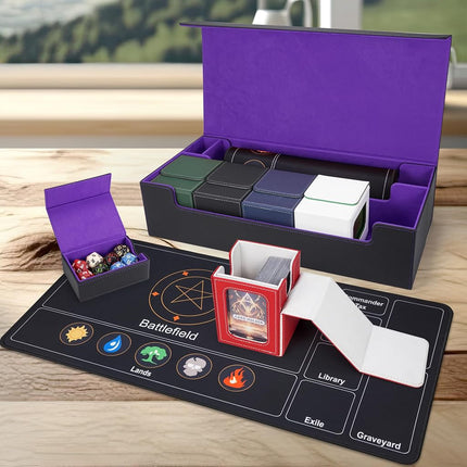 AFIING MTG Deck Box 6 In1 with MTG Playma,Premium Card Storage Box with 5 Pcs MTG Deck Box Holds 2400+ Trading Cards, Large TCG Card Deck Case for Magic Yugioh Sports Cards (Black&Purple)