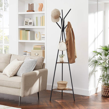 VASAGLE Coat Rack Freestanding, Coat Hanger Stand, Hall Tree with 2 Shelves, for Clothes, Hat, Bag, Industrial Style, Rustic Brown and Black URCR16BX