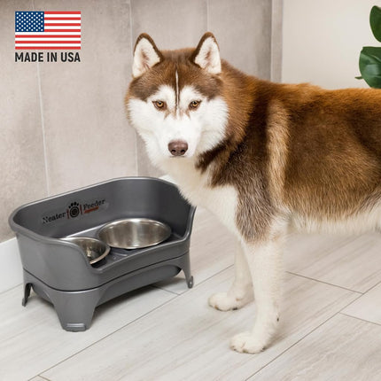 Neater Feeder - Express Model w/Slow Feed Bowl - Mess-Proof Dog Bowls (M/L, Grey) Made in USA � Elevated, No Spill, Non-Tip, Non-Slip, Raised Stainless Steel Food/Water Pet Bowls Aid Digestion