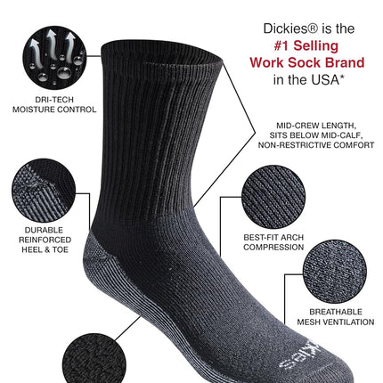 Dickies Men's Dri-tech Moisture Control Mid-Crew Comfort Length Socks, Available in M-XL (6, 12 Pairs), Comfort Length Black (12 Pairs), Large