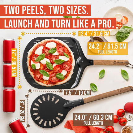 Chef Pomodoro Black Perforated Metal Pizza Peel 12-inch with Foldable Wood Handle for Easy Storage and 8-inch Aluminum Turning Pizza Peel with Detachable Wood Handle