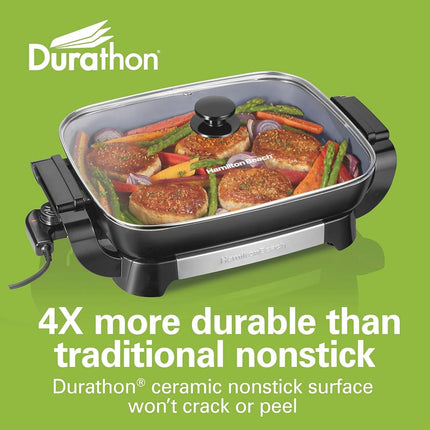 Hamilton Beach Electric Skillet with PFAS-Free Durathon Ceramic Coating, Removable 12x15� Pan, Adjustable Temperature, Reversible Design, Tempered Glass Lid, Black Nonstick Surface (38531)