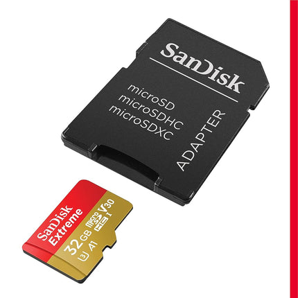 SanDisk Extreme 32 GB microSDHC Memory Card + SD Adapter with A1 App Performance + Rescue Pro Deluxe, Up to 100 MB/s, Class 10, UHS-I, U3, V30, Red/Gold